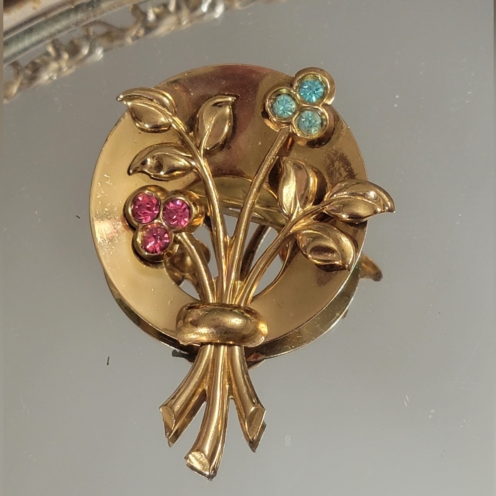 Pegasus Coro Pink & Blue Rhinestone Floral Gold-Tone Vintage Brooch